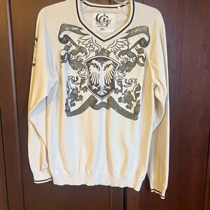 Guess Cream and Black Graphic Crewneck Sweater
